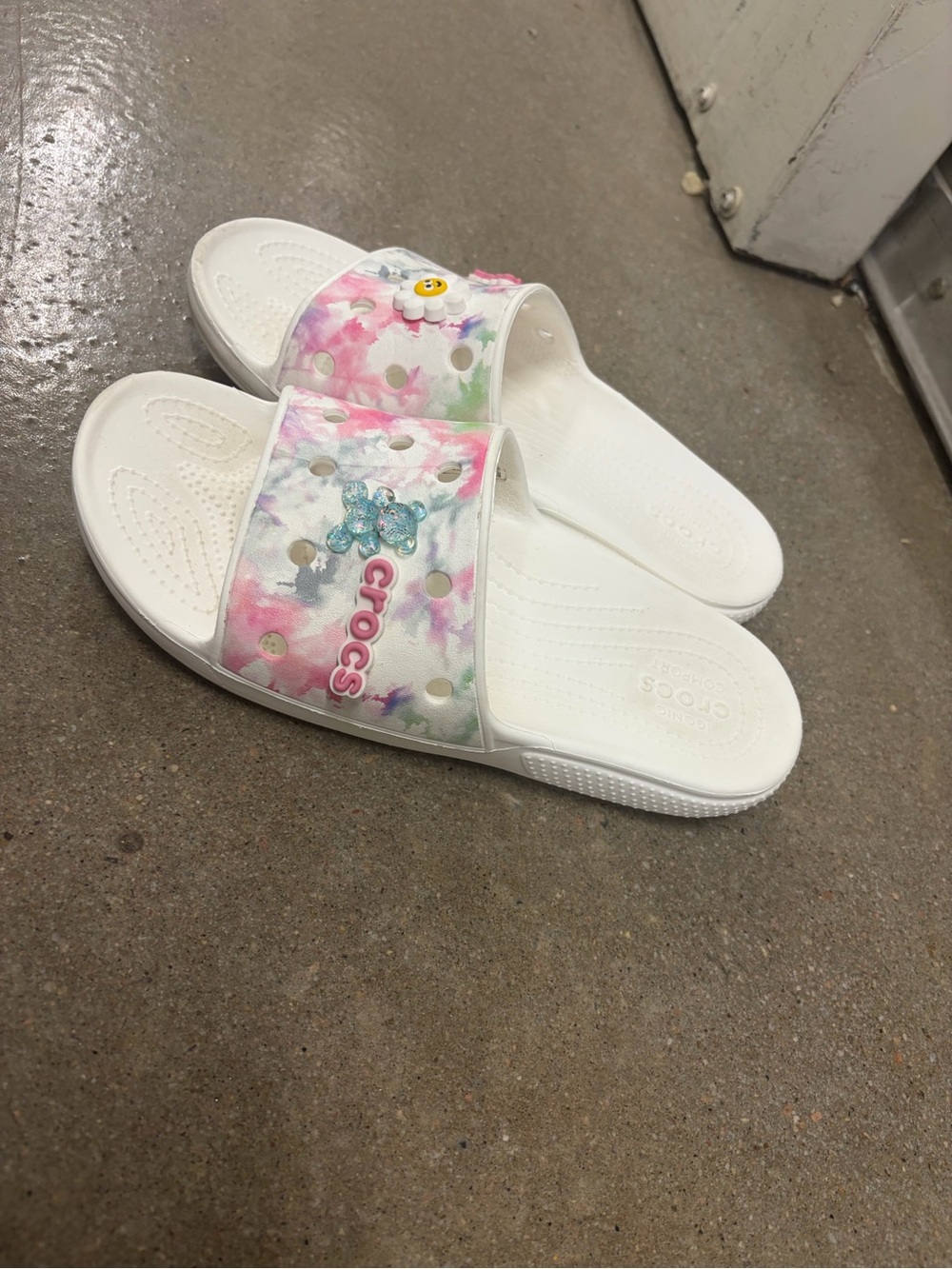 CROCS White Slide Sandals with Pink & Green Watercolor Strap
